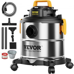 Stainless steel 5.5-gallon wet/dry shop vacuum with 6.5 HP and multiple cleaning attachments.