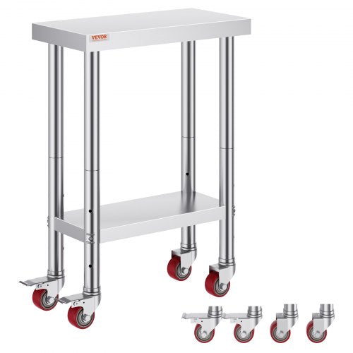Compact stainless steel prep table 24x12x34 inches with adjustable shelves and locking casters.