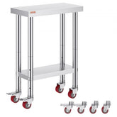 Compact stainless steel prep table 24x12x34 inches with adjustable shelves and locking casters.