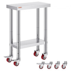 Compact stainless steel prep table 24x12x34 inches with adjustable shelves and locking casters.