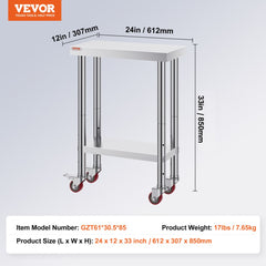 White stainless steel prep table measuring 24x12x34 inches with four casters.