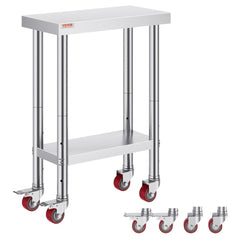 Compact stainless steel prep table, 24x12x34 inches, with adjustable shelves and lockable casters.