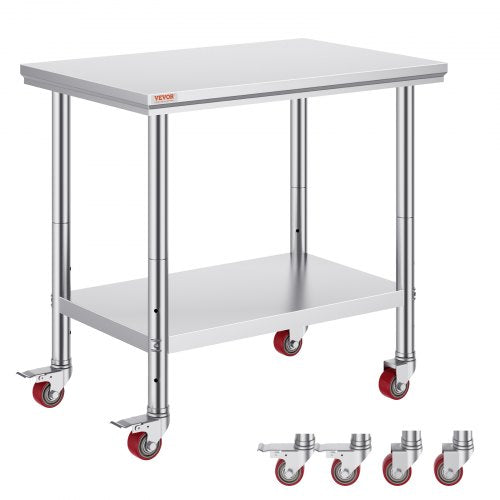 Bostome 36x24" stainless steel work table on wheels with adjustable shelf and sturdy legs.