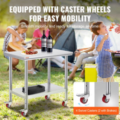 Stainless steel work table on wheels with adjustable shelf and sturdy legs for stability.