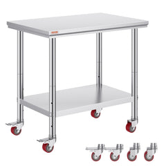 Stainless steel work table with wheels, adjustable shelf, and sturdy legs for stability.