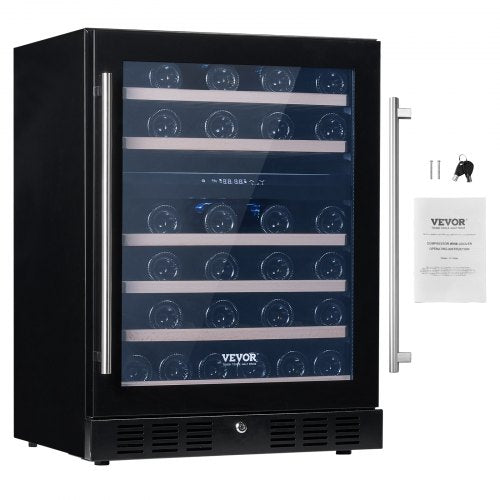 Black Bostome 46-bottle dual zone wine cooler with glass door and wooden shelves.