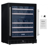 Black Bostome 46-bottle dual zone wine cooler with glass door and wooden shelves.