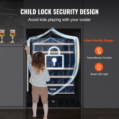 Child reaching for a locked Bostome wine cooler with dual zone features and security shield.