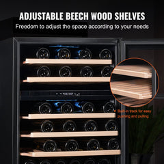 Wine cooler with adjustable beech wood shelves on built-in tracks for bottle storage.