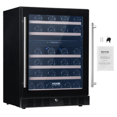 Black dual zone wine cooler with glass door and wooden shelves, holds 46 bottles.