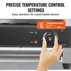 Close-up of commercial electric crepe maker's control panel with temperature dial set between 122-572°F and power/heat indicator lights.