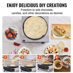 16-inch electric crepe maker with non-stick plate, batter spreader, and crepe-making steps.