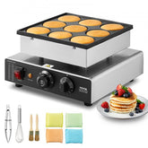Commercial dorayaki baker with 9 non-stick 76mm cavities, stainless steel body, controls, and accessories.