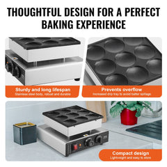 Commercial stainless steel dorayaki baker with nine 76mm non-stick cavities and controls.