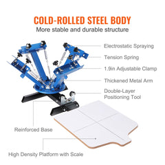 Blue cold-rolled steel 4-color 1-station screen printing machine with white platform and adjustable clamps