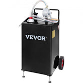Black 30-gallon stainless steel fuel caddy with rotary pump, hose, and wheels.