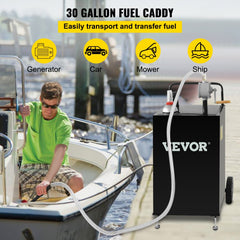 Black 30-gallon stainless steel fuel caddy with rotary pump on wheels, shown being used to transfer fuel to a boat.