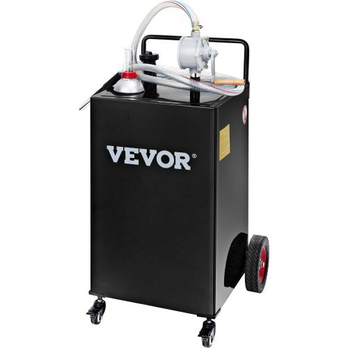 Black 30-gallon stainless steel fuel caddy with rotary pump, hose, and wheels.