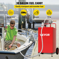 Red steel 30-gallon fuel caddy with a rotary pump and 8-inch wheels for easy transport.