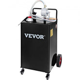 Black stainless steel 35-gallon fuel caddy with rotary pump, hose, and wheels.