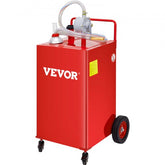 Red 35-gallon steel fuel caddy with rotary pump, hose, nozzle, and wheels.