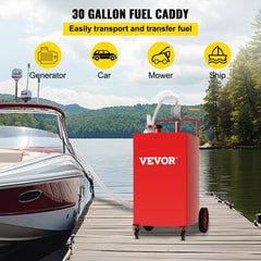 Red 35-gallon steel fuel caddy with rotary pump on wheels, shown next to a boat.