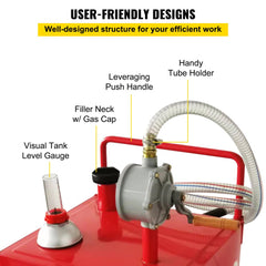 Red 35-gallon steel fuel caddy with rotary pump, visual gauge, hose, and wheels.
