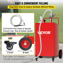 A red 35-gallon steel fuel caddy with a rotary pump, 9.8 ft hose, and four wheels.