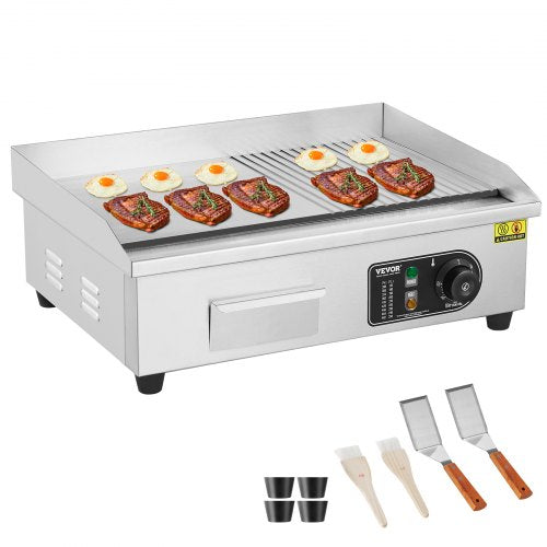 Stainless steel commercial electric griddle with half-flat, half-grooved 21x12in surface, eggs and steaks on grill, tongs and accessories included.