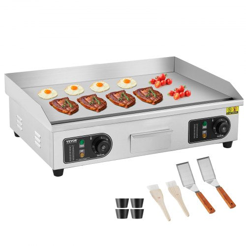 Stainless steel commercial electric griddle with flat top, controls, and accessories.