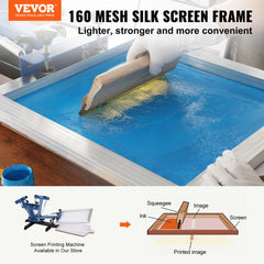A 6-piece silk screen printing kit with 18x20-inch aluminum frames featuring 160 mesh, shown in use with blue ink and squeegee.