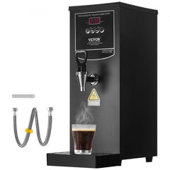 Black Bostome 10L stainless steel electric water boiler with digital display, faucet, and steaming cup of coffee.