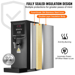 Black Bostome 10L stainless steel electric water boiler with digital display, faucet, and insulation labels.