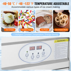 White stainless steel fried ice cream roll machine with 19.7-inch pan, digital display, and control buttons.
