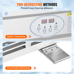 Diagram of fried ice cream roll machine showing button and foot pedal defrosting methods on control panel and base.