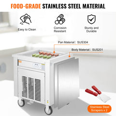 Stainless steel fried ice cream roll machine with 19.7-inch pan, compressor, and wheeled base.