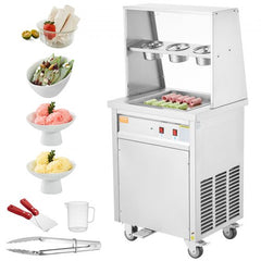 Stainless steel fried ice cream roll machine with 13.8-inch pan, glass hood, and wheeled base.