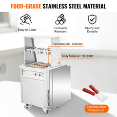 Stainless steel fried ice cream roll machine with 13.8-inch pan, spatulas, and wheels.