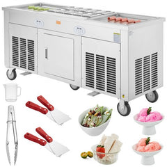 Stainless steel fried ice cream roll machine with two large pans and adjustable temperature control.