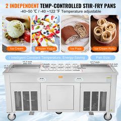 Stainless steel fried ice cream roll machine with two pans and adjustable temperature control.