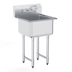 Bostome stainless steel prep sink with a rotatable faucet and adjustable legs for stability.