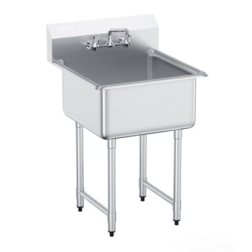 Stainless steel prep sink with faucet, 27"x41", single bowl, high backsplash, and adjustable legs.