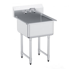 Stainless steel prep sink with faucet, 27"x41", single bowl, high backsplash, and adjustable legs.