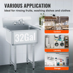 Stainless steel prep sink with a 360° faucet, 32-gallon capacity, and adjustable legs.