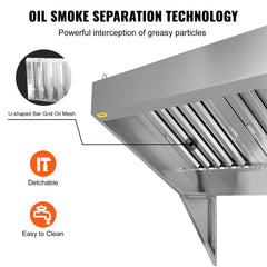 Bostome 7FT commercial exhaust hood made of 201 stainless steel with smoke capture area.
