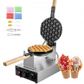 Commercial 1400W non-stick bubble waffle maker with wooden handle, accessories, and sample waffles.