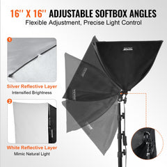 Bostome 16"x16" softbox lighting kit with adjustable LED and foldable stand for photography.