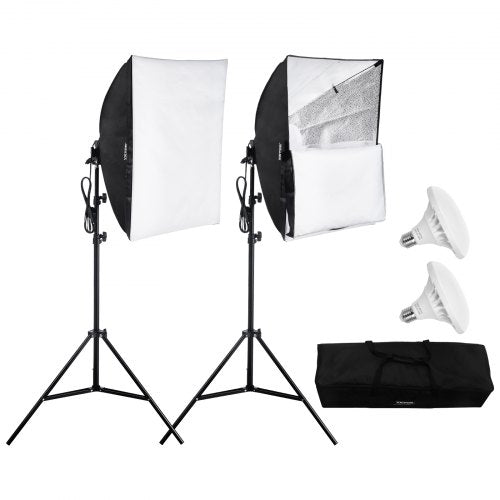 Two 24x24in softboxes with 30W 5500K LED bulbs on adjustable stands and carrying bag.
