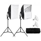 Two 24x24in softboxes with 30W 5500K LED bulbs on adjustable stands and carrying bag.
