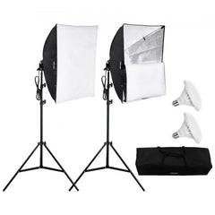 Two 24x24in softboxes with 30W 5500K LED bulbs on adjustable stands and carrying bag.